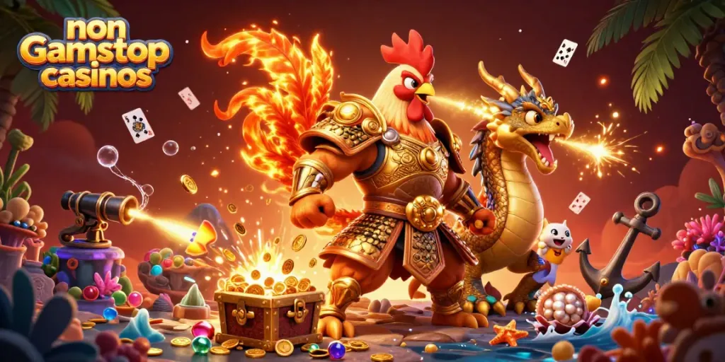 Experience excitement at non gamstop casinos with a vibrant scene of unique characters and elements.