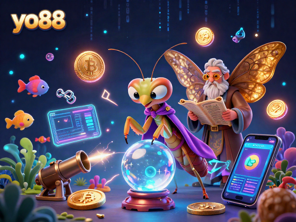 Engage with yo88's fun fish shooting game as colorful sea creatures and crypto elements fill the vibrant scene.