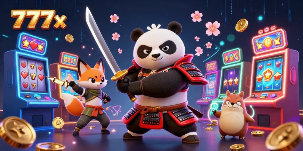 Experience thrilling gameplay at 777x with a samurai panda and ninja fox surrounded by slot machines and vibrant casino elements.