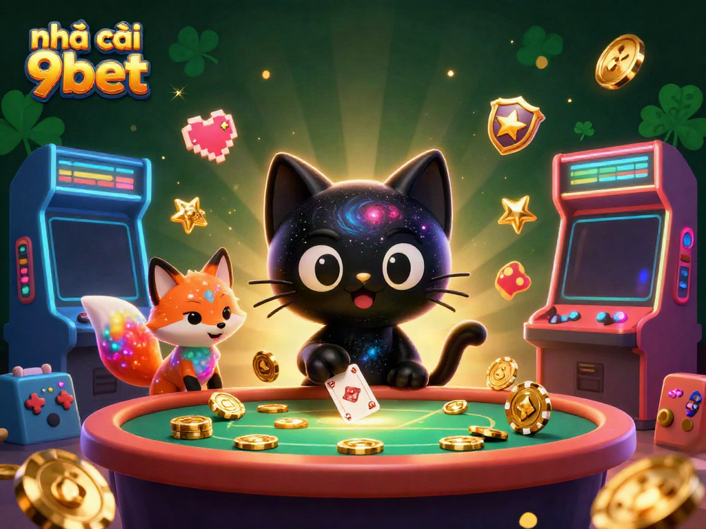 Experience the fun at nhà cái 9bet with a cosmic casino scene featuring animated characters and vibrant game elements.