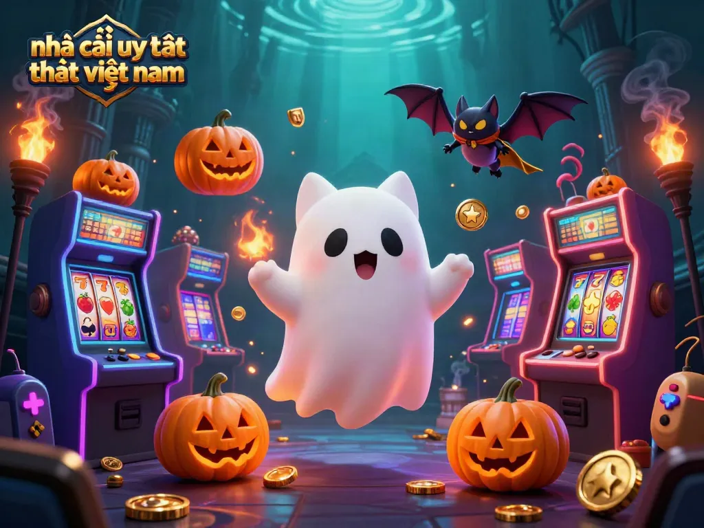 Engaging 3D illustration showcasing nhà cái uy tín nhất việt nam with ghost cat and vampire bat in a vibrant casino.